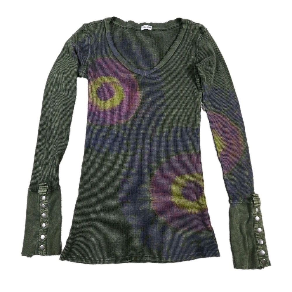 Y2k Idylle Long Sleeve Thermal Top Green Artsy Button Detail Forest Fairy Grunge